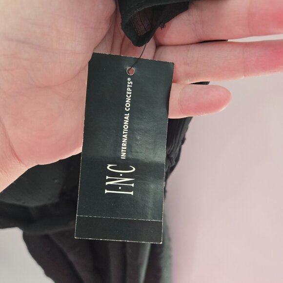 INC Black Swiss Dots Square Neck Ruffled Lined Belt Midi Dress Size Large - Picture 11 of 14